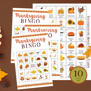 Carte da gioco stampabili del Bingo del Ringraziamento, 10 carte, 5x5, Gioco autunnale per bambini, adolescenti, adulti, Attività della festa del Ringraziamento, Classe, Piccoli gruppi