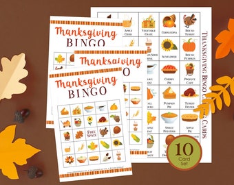 Printable Thanksgiving Bingo Game Cards, 10 Cards, 5x5, Fall Game for Kids, Teens, Adults, Thanksgiving Party Activity, Class, Small Group