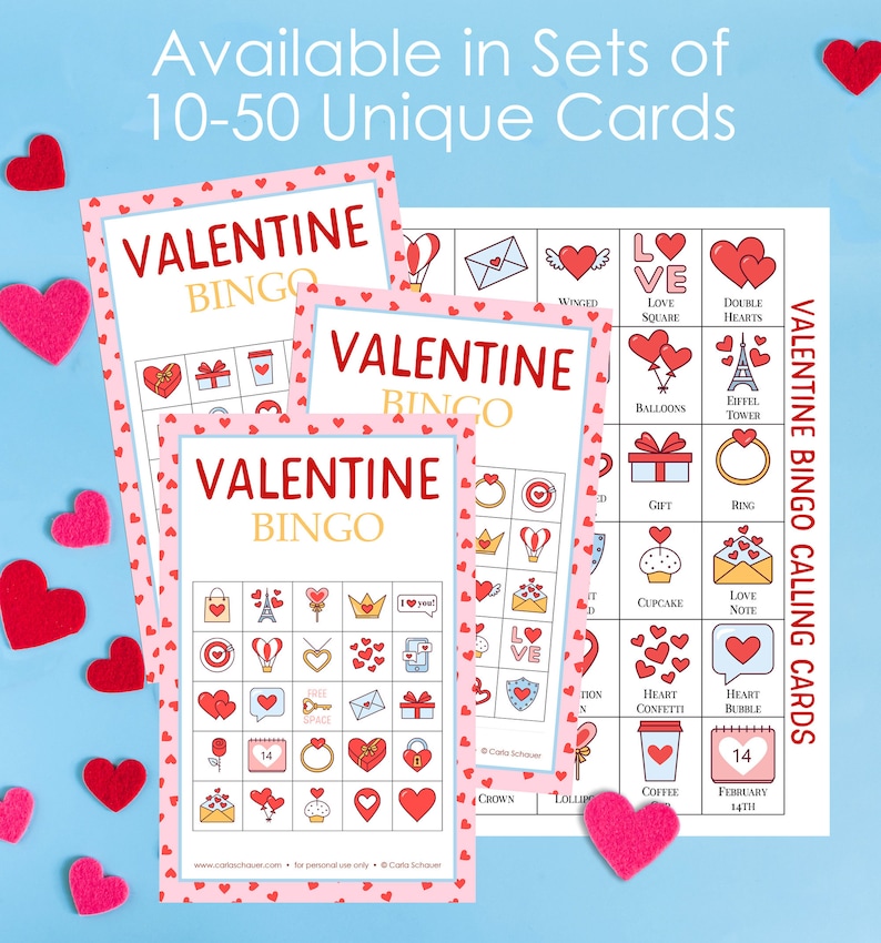 Printable Valentine's Day Bingo Boards, 50 Cards Set, Valentine Game ...