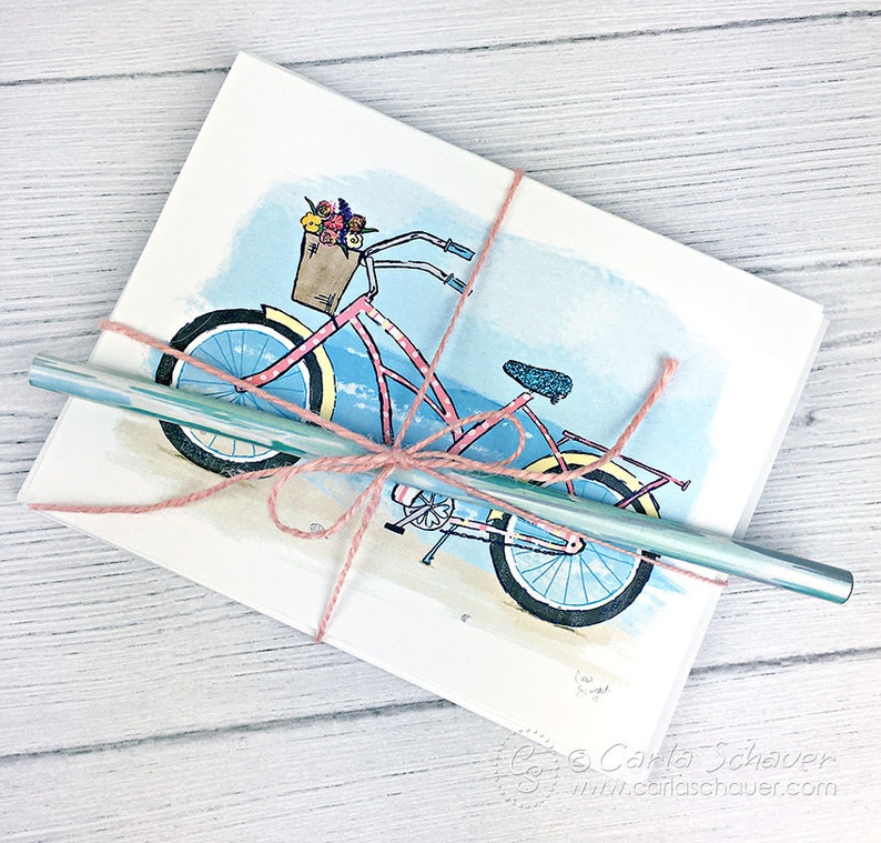 Beach Cruiser Bicycle Note Cards, Set of 6, Notecards Gift Set with envelopes, Vintage Beach Bike Art Cards image 1