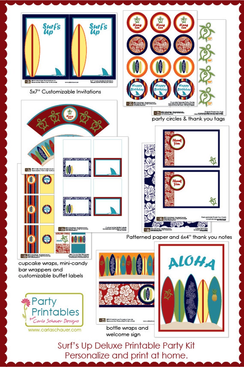 Surfer Birthday Party Printable Kit with Invitation, Red. CUSTOMIZABLE text. INSTANT DOWNLOAD you personalize at home with Adobe Reader image 3