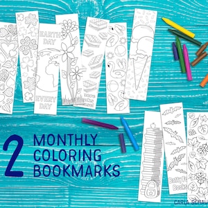 Monthly Printable Coloring Bookmarks, 12 Themed Bookmarks, Year of Coloring Bookmarks for Classroom, Scouts, Libraries, Book Lovers