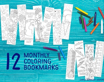 Monthly Printable Coloring Bookmarks, 12 Themed Bookmarks, Year of Coloring Bookmarks for Classroom, Scouts, Libraries, Book Lovers