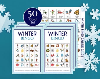 Printable Winter Bingo Boards, 50 Cards Set, Winter Game for Kids, Teens, Adults, Seniors, Winter Break Activity, Large Group, 5x5 Bingo