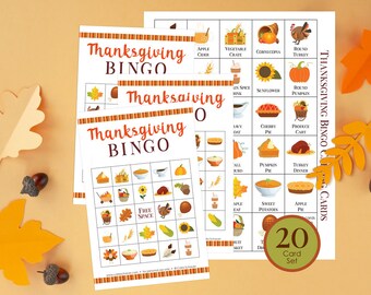 Thanksgiving Bingo Cards, 20 Printable Bingo Boards, Autumn Activity for Kids, Teens, Adults, Fall Party Game, Classroom, Scouts, 5x5