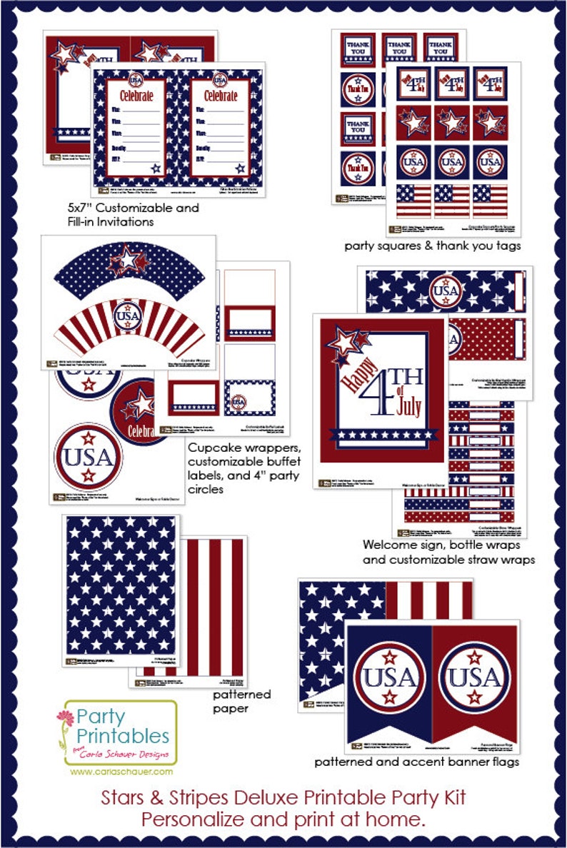 July 4th Patriotic Party Kit, Printable, Editable. USA Stars &amp; Stripes ...