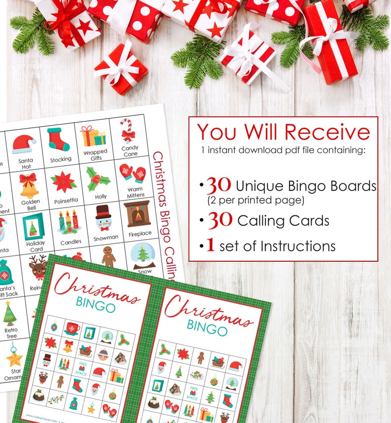 30 hojas de bingo navideñas imprimibles, 5x5, juego de bingo para el ...