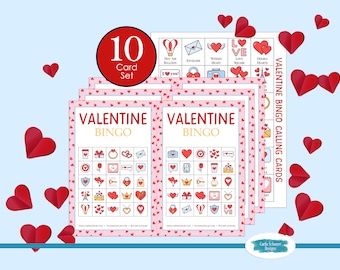 Printable Valentine's Bingo Game Cards, 10 Cards, 5x5,  Valentine's Day Party Activity for Kids, Teens, Adults, Class, Small Group