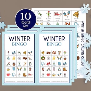 Afdrukbare winter bingospelkaarten, 10 kaarten, 5x5 bingo, winterspel voor kinderen, tieners, volwassenen, winterfeestactiviteit, familie, kleine groep, plezier