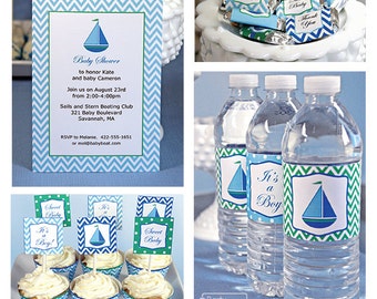 Blue Chevron Sailboat Baby Shower Printable Party Kit + Invitation de voilier modifiable et décorations de fête à l'aide d'Adobe Reader. TÉLÉCHARGEMENT INSTANTANÉ