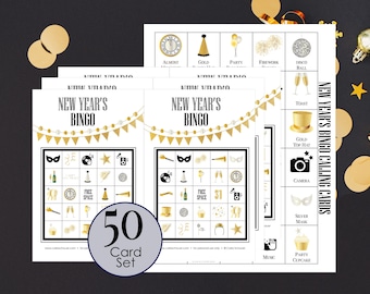 Printable New Year's Bingo Boards, 50 Cards Set, for Adults, Kids, Teens, Seniors, New Year's Eve Party Activity, Large Group, 5x5 Bingo