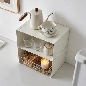 White Stackable Desktop Storage Organizer, Minimalist White Desktop Display Shelf, Countertop Open Storage Organizer Shelf with Wire Basket