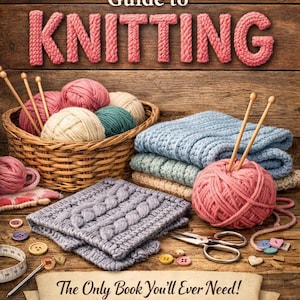 May include: Image of a knitting guide with the title "Ultimate Guide to Knitting" in a textured font. The image features yarn balls, knitting needles, and knitted swatches in various colors, including pink, blue, and cream. The text "DIGITAL DOWNLOAD" is also visible.