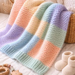 Könnte beinhalten: Eine handgestrickte Babydecke in Pastelltönen mit einem Patchwork-Design. Die Decke hat Blöcke in Lavendel, Pfirsich, Gelb, Mintgrün und Hellblau. Ein Paar gestrickte Babyschuhe, ein Beißring aus Holz und zwei Teddybären sind ebenfalls im Bild.