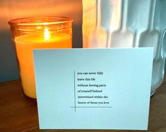 Homemade greeting card, original poem (Leaving parts behind), blank inside