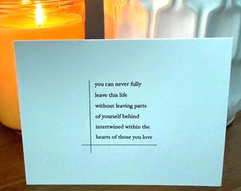 Homemade greeting card, original poem (Leaving parts behind), blank inside