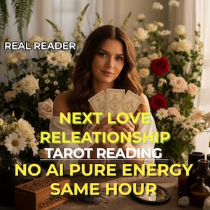 以下が含まれることがあります： 「Next Love Relationship Tarot Reading」のテキストが入ったタロットカードを持つ女性。画像には「Real Reader」、「No AI Pure Energy」、「Same Hour」のテキストが含まれています。背景には白と赤のバラがあります。