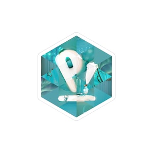 Peut inclure: Un autocollant hexagonal avec un motif turquoise et blanc. L'autocollant présente une forme blanche stylisée avec un accent turquoise, ainsi que de petites bouteilles en verre et une plume. Le fond est une mosaïque de formes turquoise et bleues.
