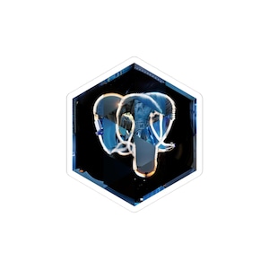 May include: A sticker with a blue elephant design inside a hexagonal frame. The elephant has a reflective, stylized look, set against a dark background. The sticker has a white border.