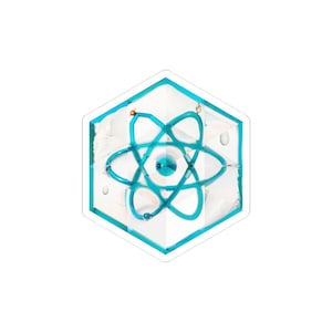 May include: A clear, hexagonal sticker featuring a teal atom symbol design. The symbol is composed of interconnected orbital rings and a central nucleus. The sticker has a white background and a teal border.