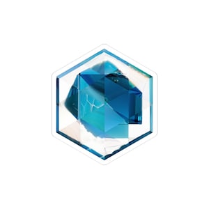 May include: A hexagonal crystal with a geometric design. The crystal is a mix of blue and teal, with a clear, reflective surface. The edges are outlined with a white border, creating a contrast against the white background. The crystal is a decorative item.