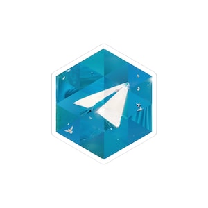 May include: A sticker featuring a white paper airplane against a blue, geometric background. The design includes a gradient of blues and white accents, with small white birds scattered throughout. The sticker has a white border.