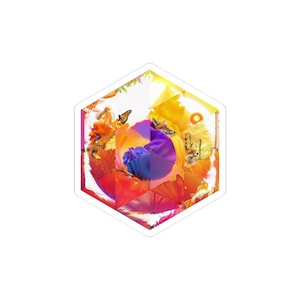 May include: A hexagonal sticker featuring a vibrant collage of nature elements. The design includes a butterfly, foxes, and colorful floral and leaf patterns in shades of orange, purple, and yellow.