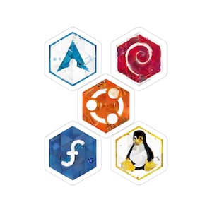 May include: Five hexagonal stickers showcasing computer-related logos. The stickers display the Arch Linux logo, a red swirl, the Ubuntu logo, a blue 'f' symbol, and the Tux penguin, each with a textured, artistic appearance.