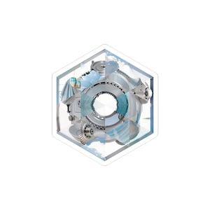Puede incluir: Una pegatina hexagonal con un diseño complejo de engranajes y componentes mecánicos, superpuesto con una escena de cielo y nubes. La pegatina tiene un borde blanco y un acabado brillante.