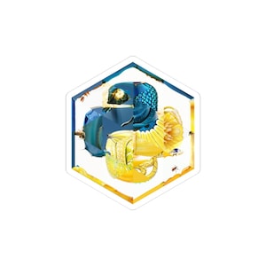 May include: A hexagonal sticker featuring a stylized design with blue, yellow, and gold elements. The design incorporates a snake-like form and a flower-like shape, with a blue and gold color scheme. The sticker has a white border.