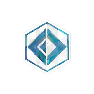 Op de afbeelding: Een heldere, zeshoekige sticker met een geometrisch ontwerp. Het ontwerp heeft een centrale witte ruitvorm omgeven door blauwe en blauwgroene ruitvormen. De sticker heeft een witte rand en een glanzende afwerking.