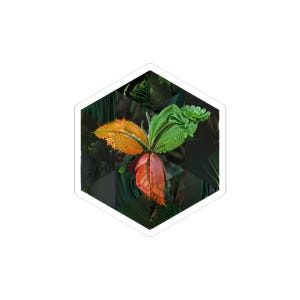 May include: A hexagonal sticker featuring a botanical design. The sticker showcases a cluster of leaves in shades of orange, red, and green, set against a dark, textured background. The leaves have intricate details and textures.