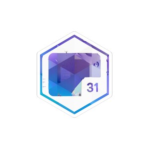 Pode incluir: Um autocolante com uma borda branca e um design geométrico. O design apresenta tons de roxo e azul, com o número "31" em branco. O autocolante tem uma forma hexagonal.