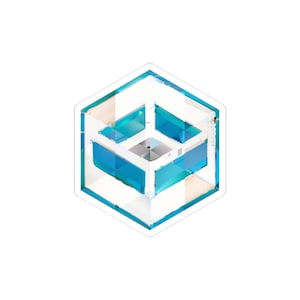 May include: A geometric sticker featuring a transparent, multi-faceted cube design with teal and blue accents. The cube is outlined in white and has a hexagonal shape, creating a modern, abstract aesthetic.
