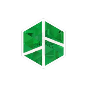 Puede incluir: Una pegatina de diseño geométrico verde con borde blanco. El diseño es una forma hexagonal con una compleja disposición de formas verdes y líneas blancas, creando un aspecto moderno y abstracto. La pegatina está sobre un fondo blanco.