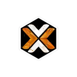 May include: A sticker featuring a geometric design. The design is a white and orange X shape set against a black background within a white-bordered hexagon. The sticker has a glossy finish.