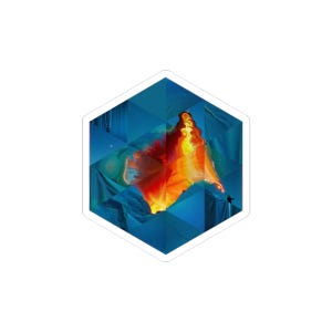 May include: A sticker with a geometric design featuring a vibrant abstract image. The artwork showcases a fiery orange and red center surrounded by blue and teal geometric shapes, creating a striking visual effect.