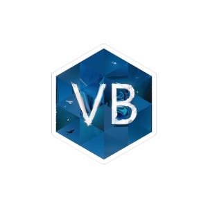 May include: A blue hexagonal sticker with the white letters "VB" in the center. The background has a geometric pattern with a gradient of blue hues. Small silhouettes of birds and airplanes are visible.