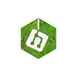 May include: A green and white sticker with a unique design. The sticker has a white hexagon border and features a green, abstract shape with two circular elements. The background is a collage of green leaves and plants.