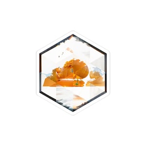 May include: A sticker with a geometric design featuring an orange hot air balloon, flowers, and clouds. The sticker has a white border and a black hexagonal frame. The image has a surreal, dreamlike quality.