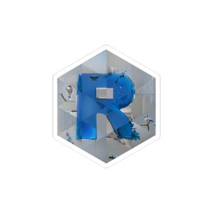 May include: A sticker featuring a blue letter "R" with a reflective, geometric background. The letter is adorned with illustrations of birds and butterflies. The sticker has a white border and a hexagonal shape.