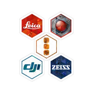 May include: Five hexagonal stickers with brand logos. The stickers display the Leica logo in red, a metallic design with a red centre, a logo with three orange squares, the DJI logo in teal, and the Zeiss logo in white on a blue background.