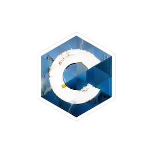 May include: A sticker featuring a white, stylized letter "C" with a detailed interior design, set within a blue and white hexagonal frame. The design incorporates elements of a cityscape and lightning.