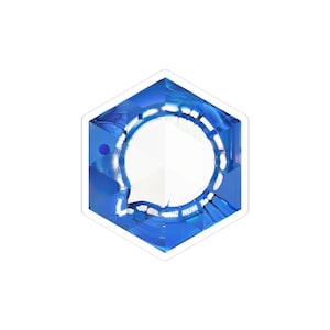 Può includere: Adesivo esagonale blu e bianco con un design a fumetto. L'adesivo ha un bordo bianco e uno sfondo blu strutturato con un fumetto bianco al centro. La parola "NUM" è visibile.