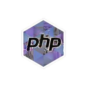 May include: A white-bordered sticker featuring the letters "php" in a black, textured font. The letters are superimposed over a collage of purple and blue geometric shapes and floral imagery.