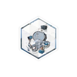 May include: A hexagonal-shaped art piece featuring a miniature interior scene with a person. The interior has a white and blue color scheme, with architectural elements and a person in a blue dress. The artwork is set against a white background.