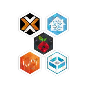 May include: Five hexagonal stickers with diverse designs. These include a white and orange cross, a house with a circuit tree, a red raspberry, an orange geometric design, and a blue and white geometric design.
