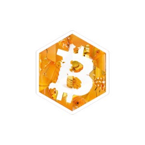 May include: A white Bitcoin symbol sticker with a gold and orange background. The sticker has a hexagonal shape and features gold coins, bars, and fish within the Bitcoin symbol.