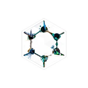 May include: A clear, hexagonal object with six ornate, abstract designs radiating from the centre. The designs feature a mix of blue, green, and gold colours, with intricate details and a three-dimensional appearance. The object is set against a white background.
