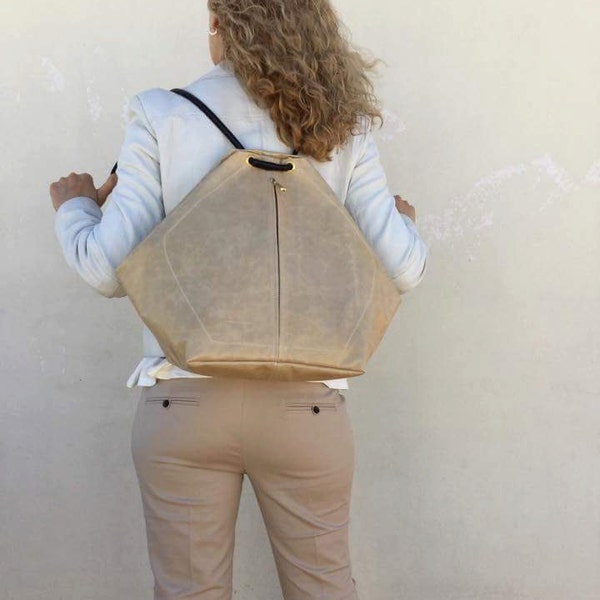 Beige leather backpack/ Beige distressed backpack/ Women Backpck